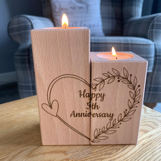 Set Of Two Wooden Tea Light Holder - Happy 5th Anniversary - Heart