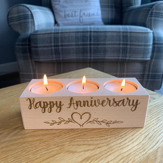 Happy Anniversary - Wooden Three Tea Light Holder