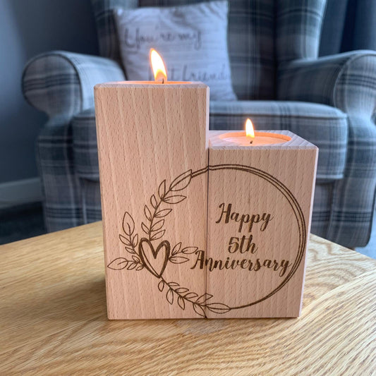 Set Of Two Wooden Tea Light Holder - Happy 5th Anniversary - Circle