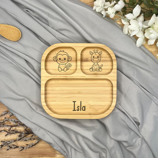 Children's Bamboo Plate With Personalisation and Animal Engravings