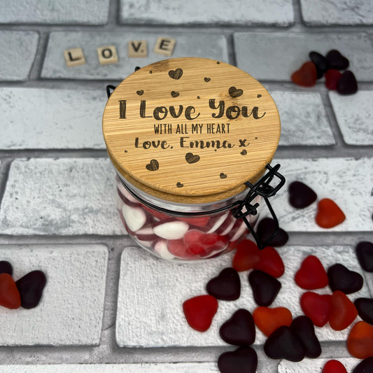 Glass Jar With Personalised Laser Engraved Lid - I Love You