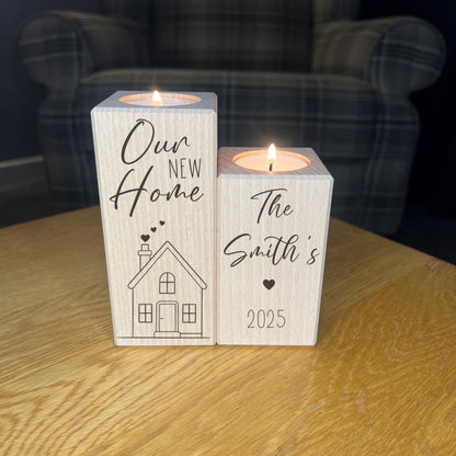 Set Of Wooden Tea Light Holders - Personalised New/First Home Gift