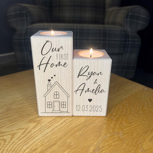 Set Of Wooden Tea Light Holders - Personalised New/First Home Gift